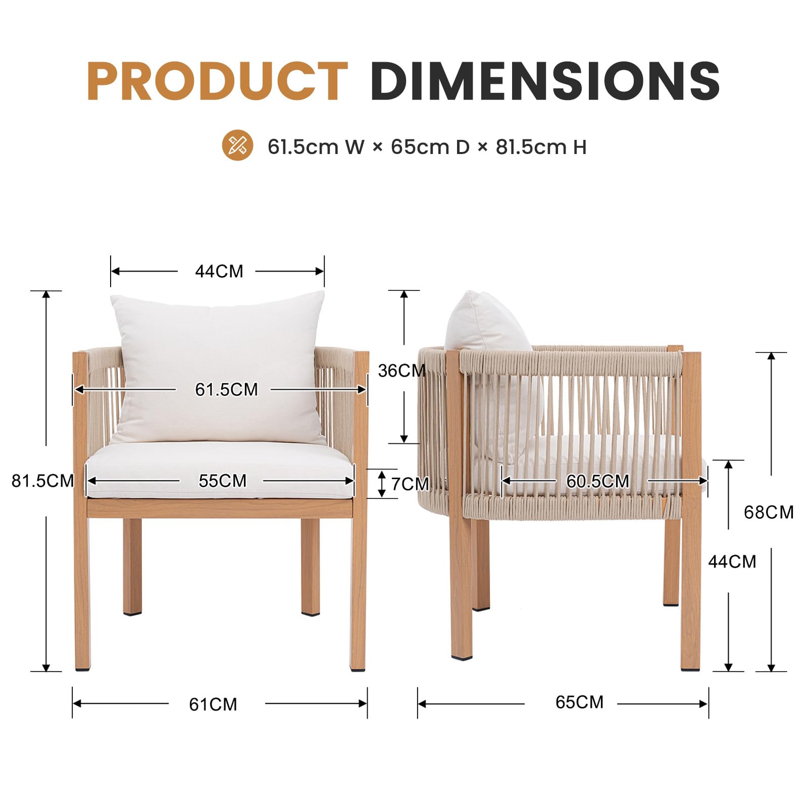 Ya-Home Juego de 2 Sillas Jardín Exterior con Brazos,Beige | Nórdico, Impermeable, Respaldo PE Trenzado, Estructura Metálica Acabado Madera, Cremalleras, para Terraza/Jardín/Interior