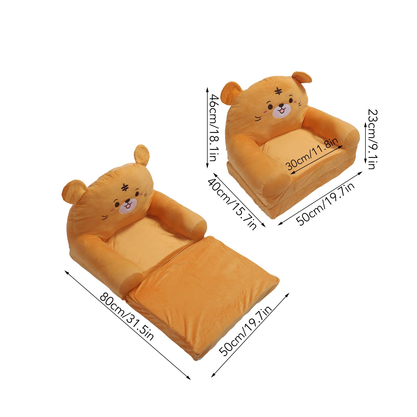 Convertible Sleeper Sofa Bed 2 or 3 Tier, Multifunctional Folding Cartoon Sofa Chair, 2 in 1 Toddler Couch for Boys and Girls with Cute Tiger Orange, for Living Room Small Space