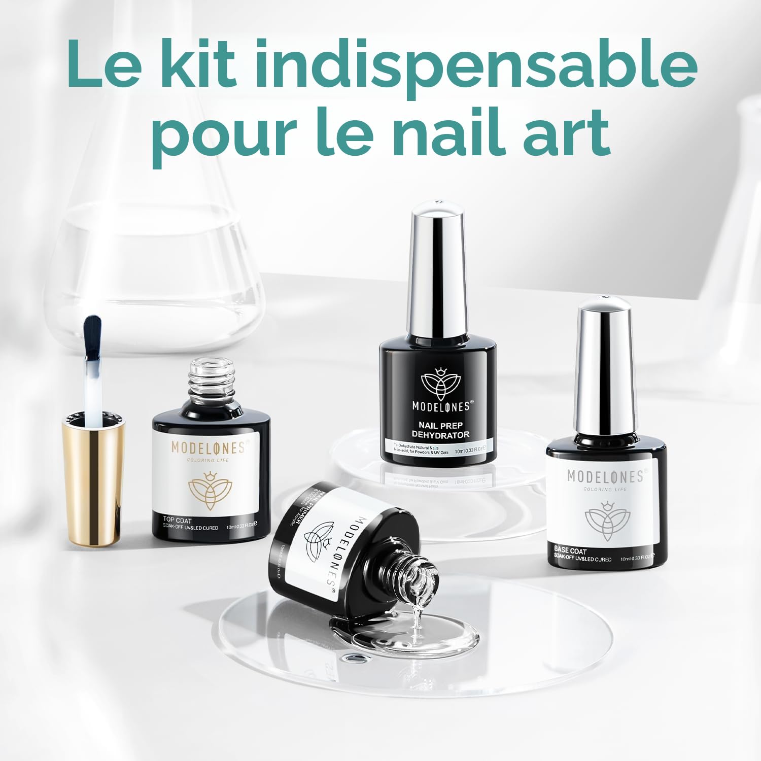 Modelones Base et Top Coat Vernis Semi Permanent avec Primer Ongle Gel UV Nail Prep Déshydrateur Kit pour Vernis à Ongles en Gel UV Manucure 10 ml 4pcs