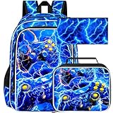 ZLYERT 3Pcs Gamer Backpack for Boy, 17' Lightning School Bookbag for Elementary Preschool Kindergarten, Kids School Thunder Backpacks with Lunch Box (Blue)