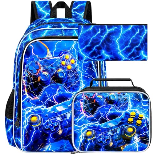 ZLYERT 3 unidades mochila gamer para meninos, 43 cm Lightning School Bookbag para pré-escola primária, jardim de infância, mochila escolar infantil com lancheira (azul)