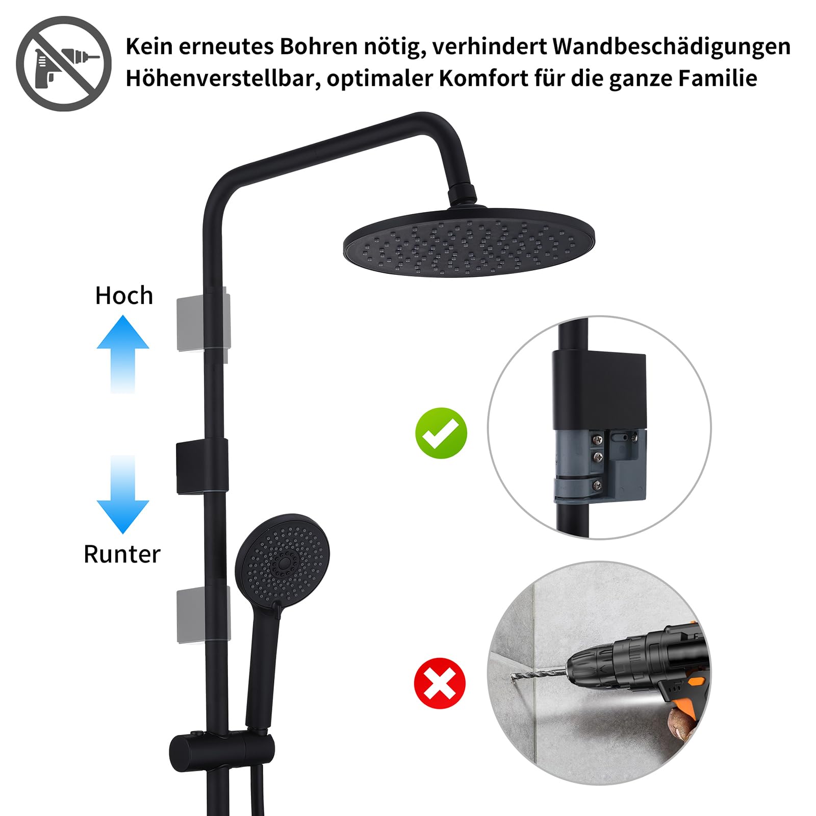 HOMELODY Badewannenarmatur mit Duschsystem, Schwarz Handbrause mit 4 Funktionen, 360° drehbarer Auslauf, Badewannenarmaturen mit Duschbrause, Mischbatterie zur Wandmontage