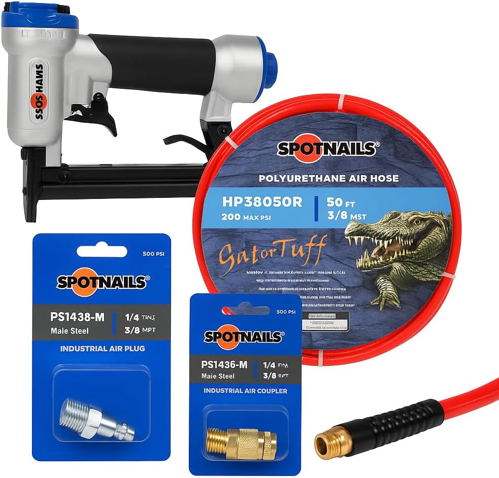 Spotnails Upholstery Stapler Kit – Includes PS7116 22-Gauge Stapler, 50' Red Poly Air Hose (3/8" NPT), Steel Air Plug (1/4" Plug x 3/8" M-NPT) & Brass 6-Ball Coupler