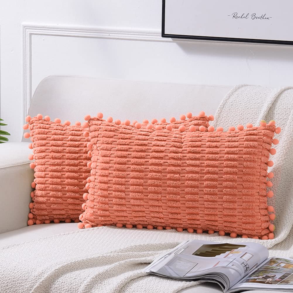 Fancy Homi Packs Coral Decorative Throw Pillow Covers 12x20 Inch with  Pom-poms for Couch Bed Living Room, Farmhouse Boho Home Decor, Soft Corduroy