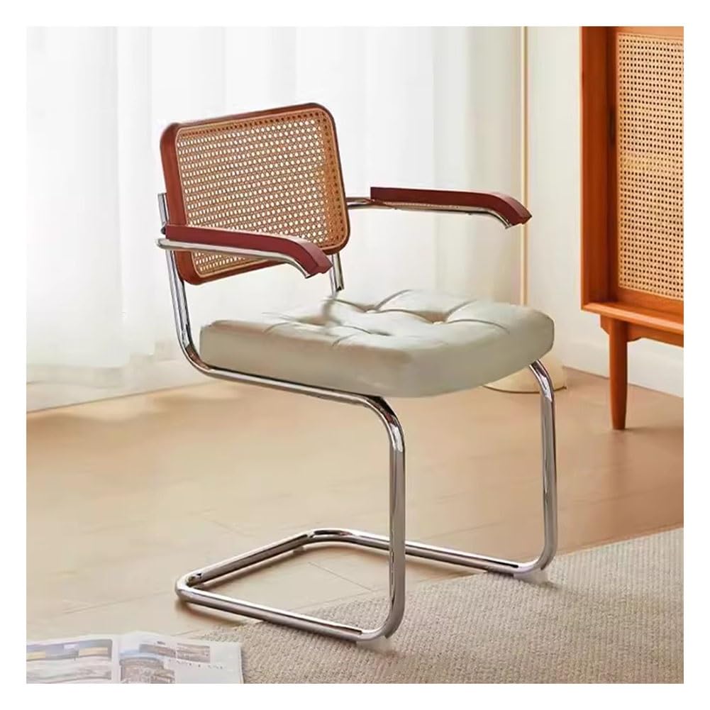 Mid-Century Modern Rattan Dining Chairs with Armrests PU Leather Upholstery Handwoven Cane Back for Stylish Cafe & Hotel Leisure Seating