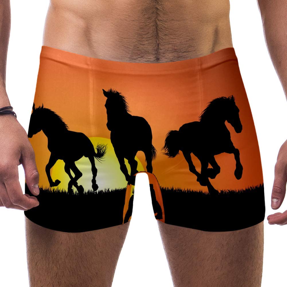 Arabian Horses Sunset Landscape Men Swim Boxer Briefs Short Square Leg Swimsuit Quick Dry Swimwear,S