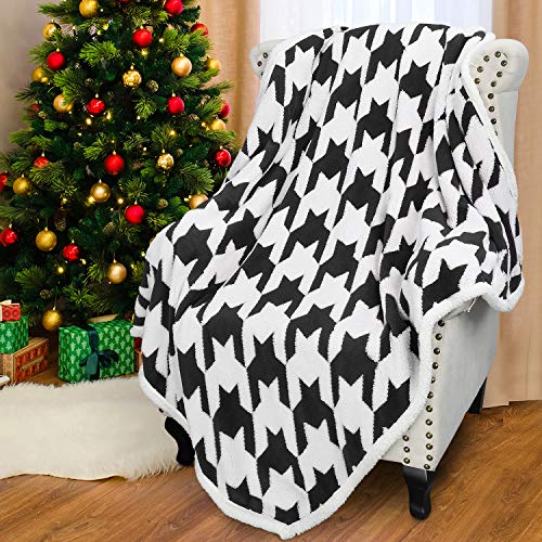 Catalonia Houndstooth Sherpa Fleece Throw Blanket, Cozy Fuzzy Jacquard Blanket For The Couch Bed cover