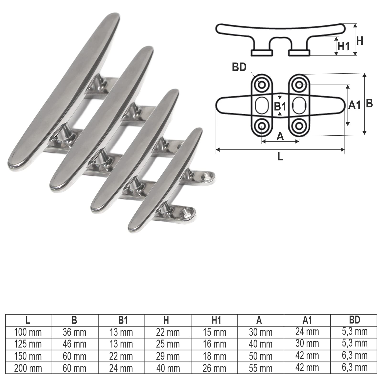 PRIOstahl Cornamenta de amarre para barcos – 200 mm x 4 unidades planas con 4 agujeros de acero inoxidable para fijación de cordeles de acero inoxidable V4A