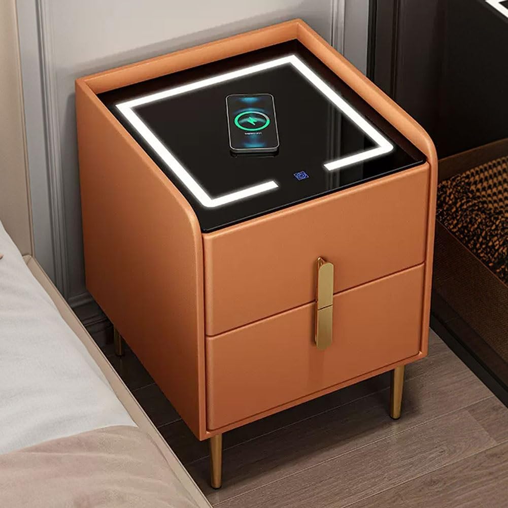ASerZenith End Side Table With Led Lights, Smart Nightstand With Charging Station, Bedside Tables,A-40X40X50Cm