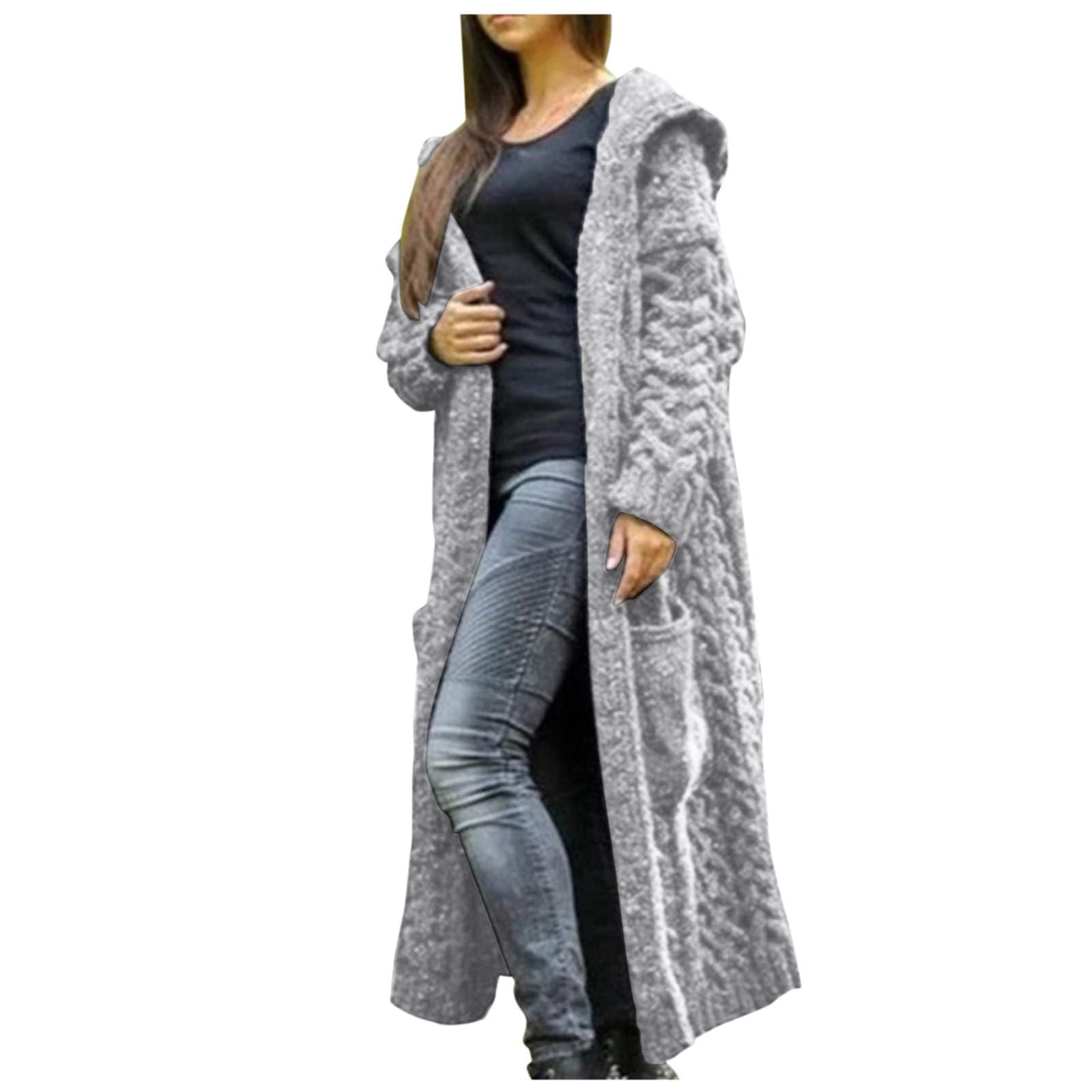 Womens Plus Size Chunky Knit Cardigan Sweater Long Sleeve Open Front Hooded Coat Warm Cable Knit Long Cardigan