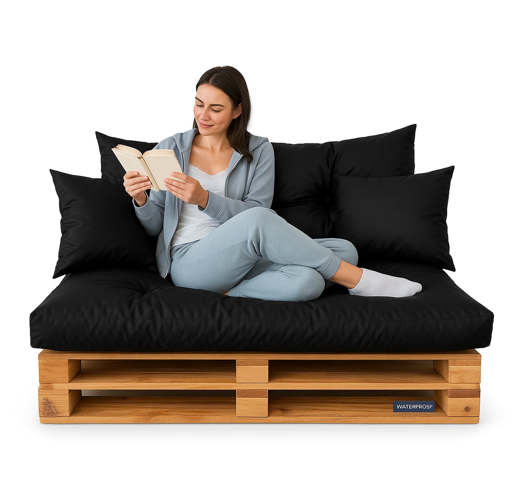 DECORESTOR Cojines para Palets Impermeables - Pack Completo Asiento 120x80, Respaldo 120x60 y 2 Cojines 40x40 - Sofá de Palets Exterior/Interior (Negro)