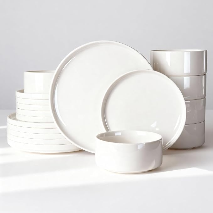 Famiware Porcelain Dinnerware Set, 18-Piece Modern Plate and Bowl Set, dish set for 6, Microwave and Dishwasher Safe Tableware, White