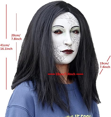 Miniatura 2 de Máscara de fantasma femenina, diablo de terror con pelo largo, disfraz de mal aterrador para Halloween, espeluznante fiesta de cosplay, accesorios