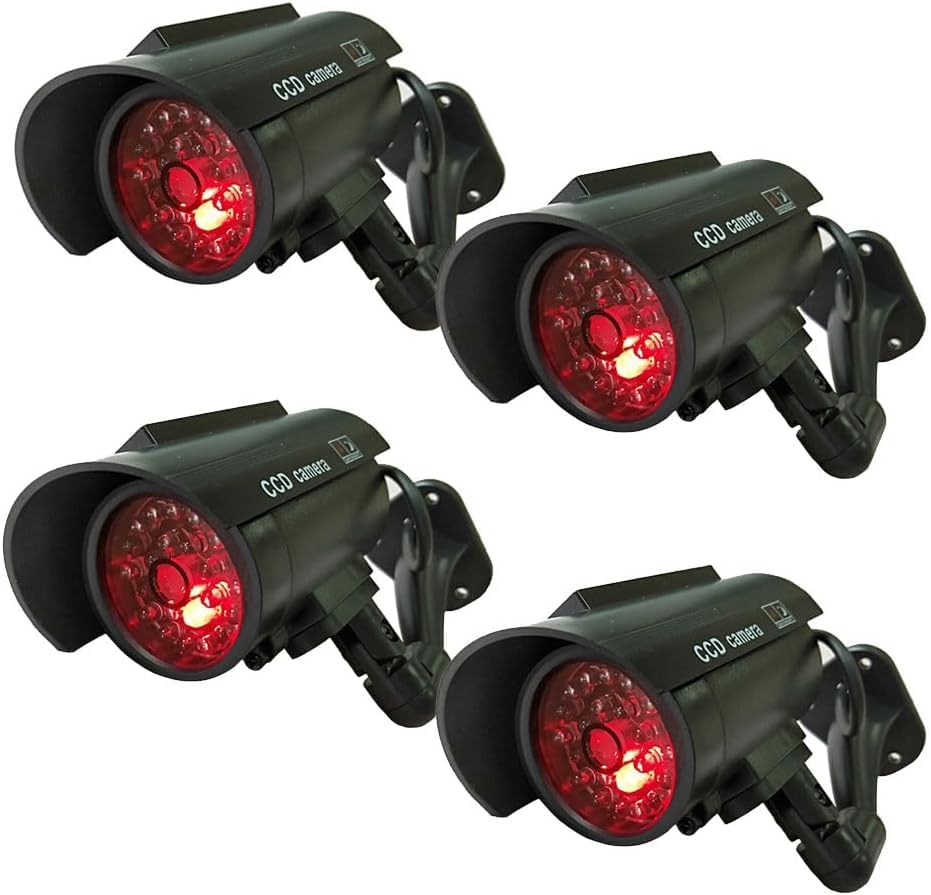 Telecamera di sicurezza finta a energia solare con simulazione LED realistica rossa lampeggiante e adesivo di sicurezza per interni ed esterni, confezione da 4