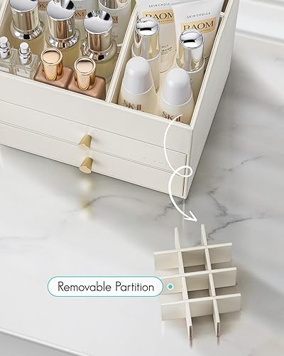 Miniatura 5 de Vlando Organizador de maquillaje para tocador, organizador de encimera de gran capacidad con cajones, vitrina de cosméticos de piel sintética para