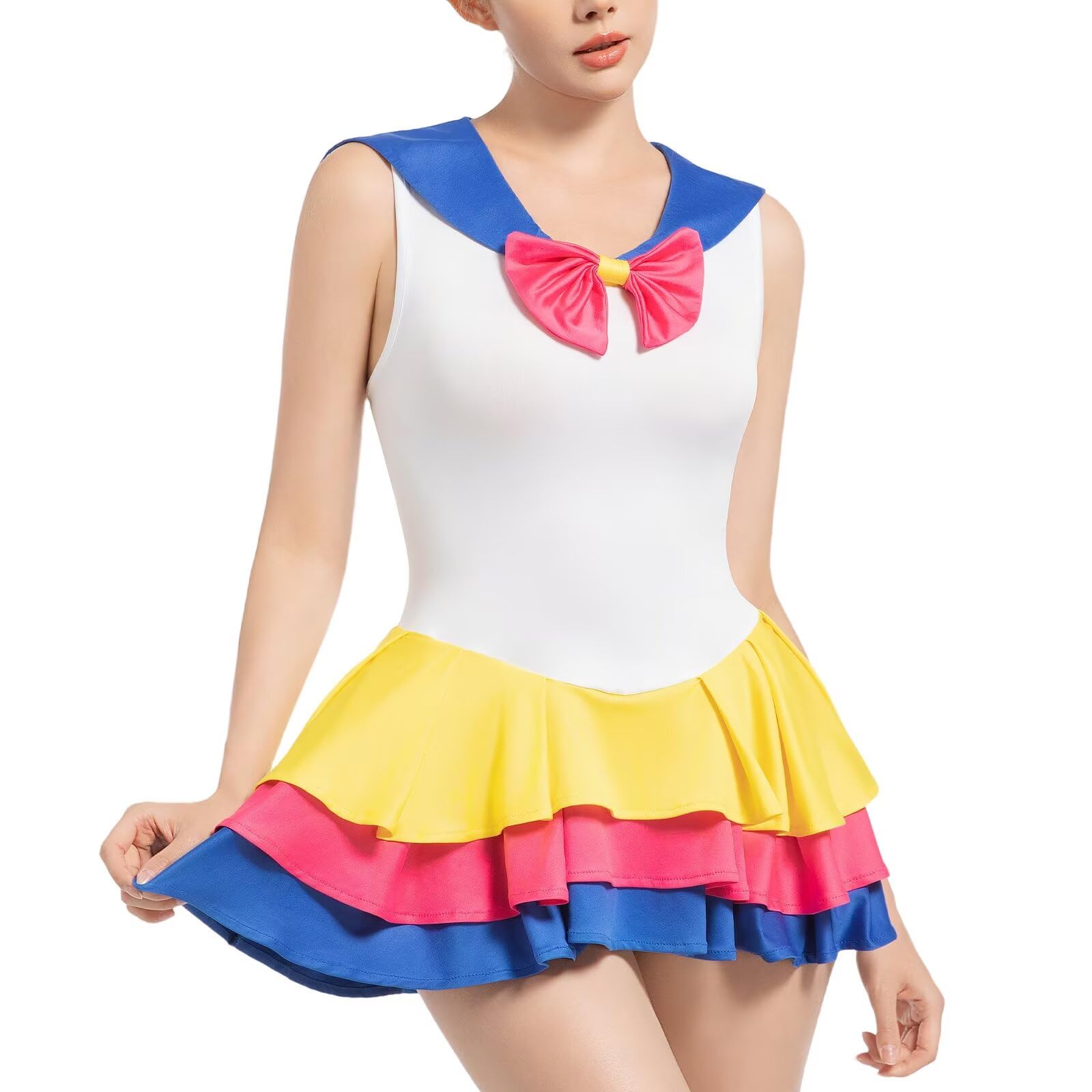 Landofgenie Sailor Moon Anime Cosplay Dress Women's - Sleeveless Mini Dress with Bows - Party Costume for Carnival, Halloween, and Comic-Con Blue