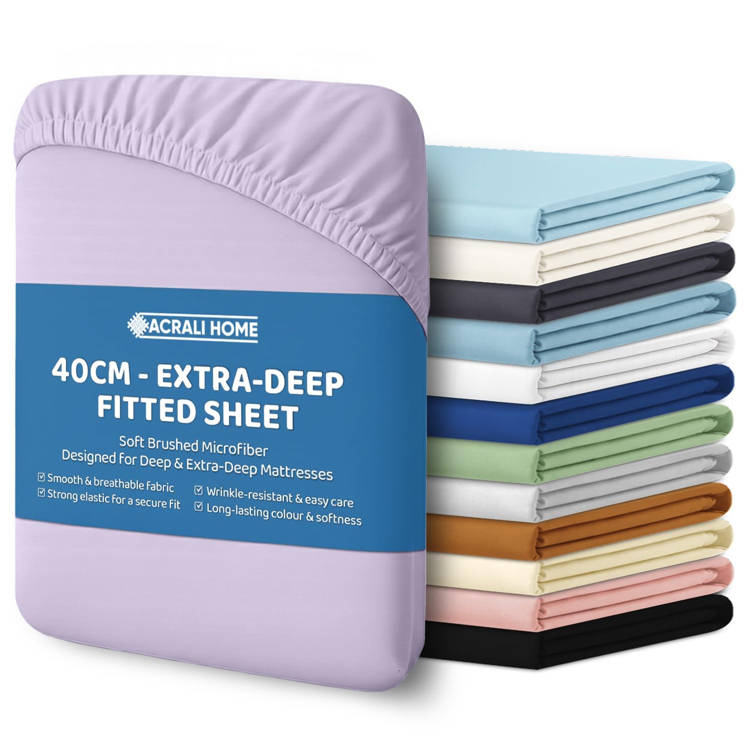 ACRALI HOME Microfiber Super King Fitted Sheet 40cm Extra Deep Fit Pocket - Breathable, Soft & Easy Care Lilac Bed Sheet - Wrinkle Free & Fade Resistant (200x180cm)