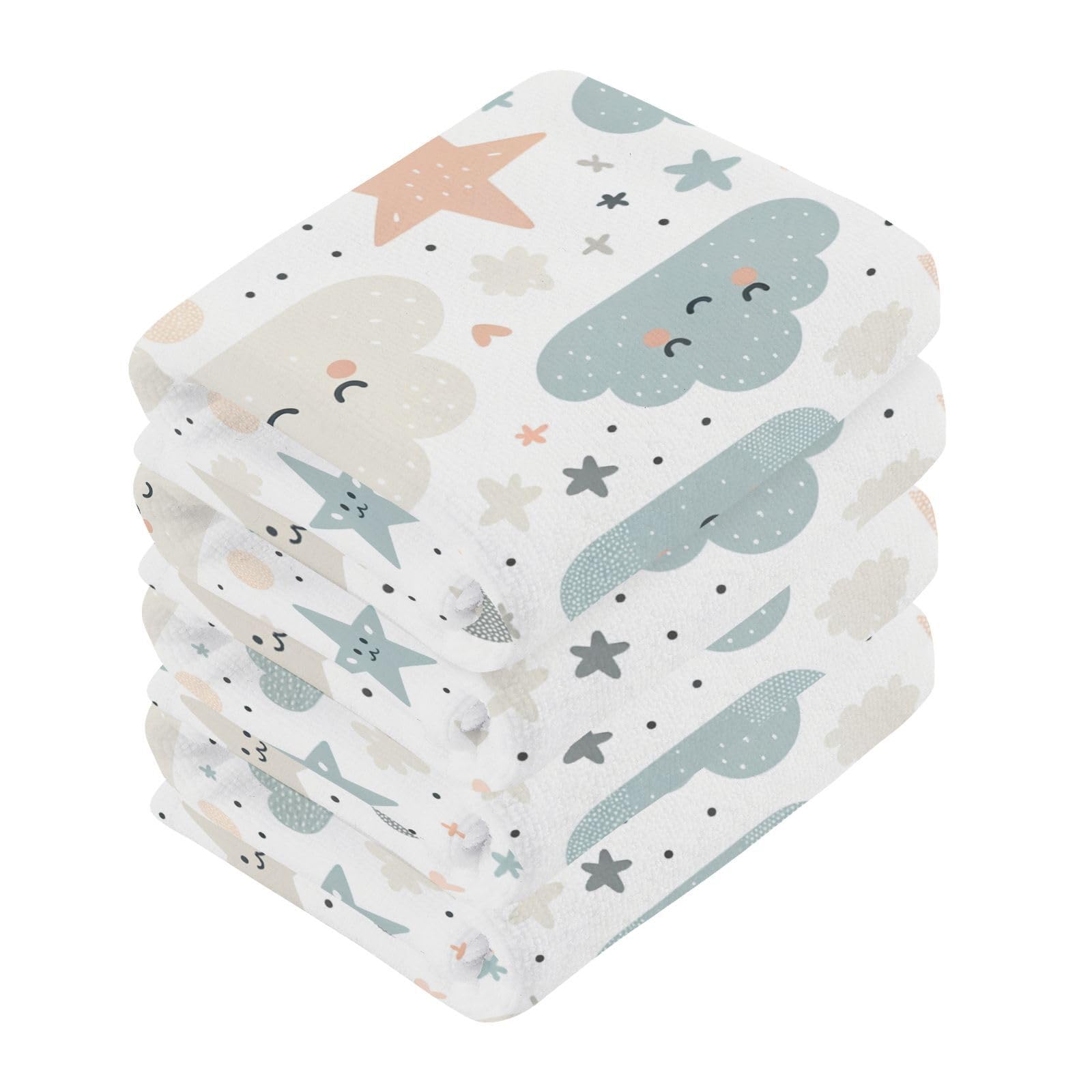 YANENDIE Cute Clouds Stars (2) Washcloths Towels, Highly Absorbent and Soft Cotton Face Cloths, 4 Pack Quick Dry Wash Cloths - 12 X 12 Inches