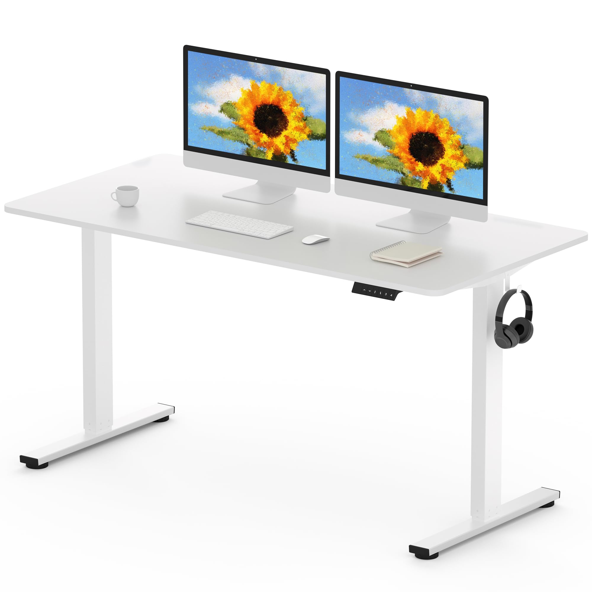 FLEXISPOT 160 x 80cm Electric Standing Desk ONE PIECE Height Adjustable Desk Sit Stand Desk with 4 Memory Smart Panel and Backpack Hook for Home Office, (White Frame+White Desktop)