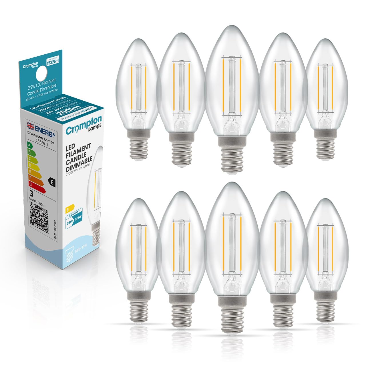 Crompton Lamps Filament Candle LED Light Bulb SES-E14 | 2.2W = 25W Equivalent | Warm White 2700K | Energy Efficient | Small Screw Lightbulb | Long Life 15000-Hrs | Clear Glass | Dimmable | 10-Pack