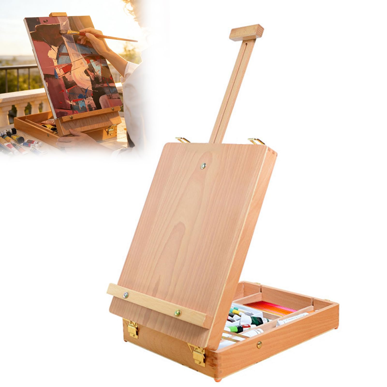 Caballete de madera, caballete de mesa con maletín de madera de haya, caballete 2 en 1 y caja de almacenamiento para artistas, adultos y estudiantes, estable marca y caballete, plegable y ahorra