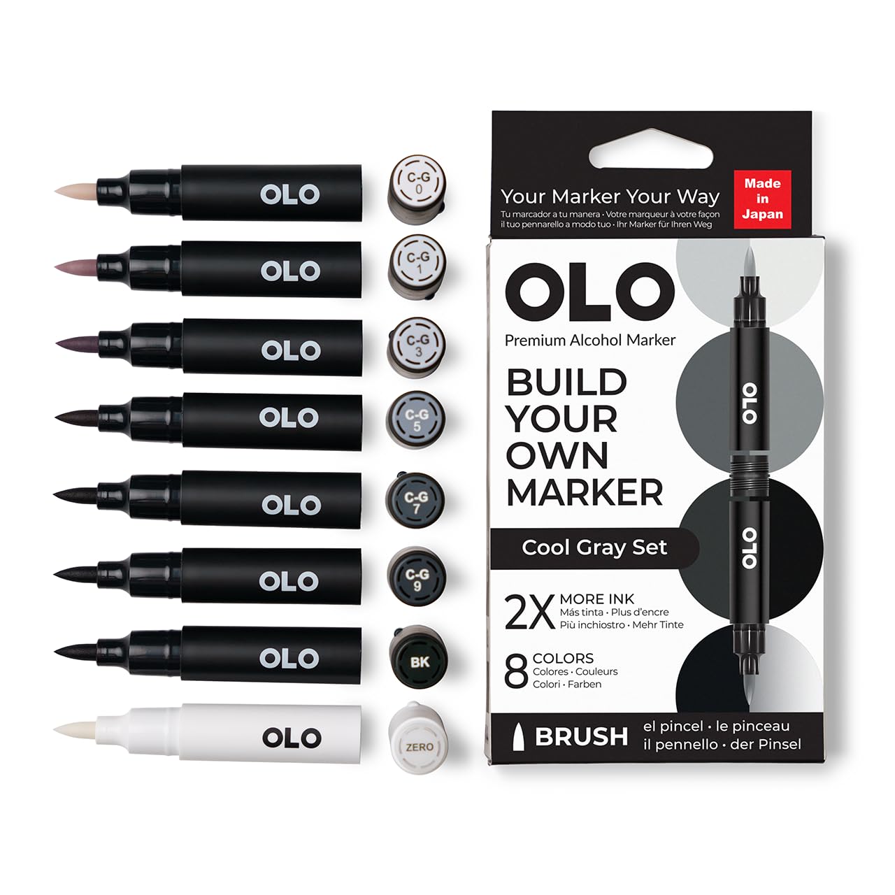 OLO Cool Gray set, 8pc Brush Tip Alcohol Markers. Customizable with Innovative Ink Flow. Professional Dual Tip Art Markers for Illustration, Sketching