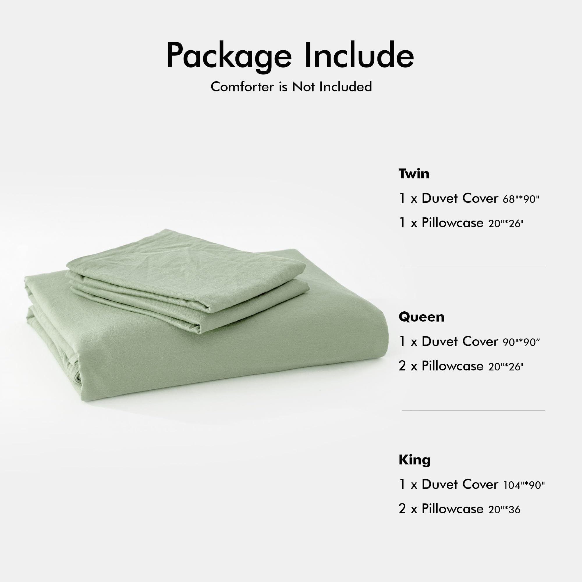 FOSSA Washed Cotton Duvet Cover Set King Size 3 Piece Bedding Sets Linen Feel Soft Wrinkled Solid Design, 1 Duvet Cover and 2 Pillow Shams (Sage Green)