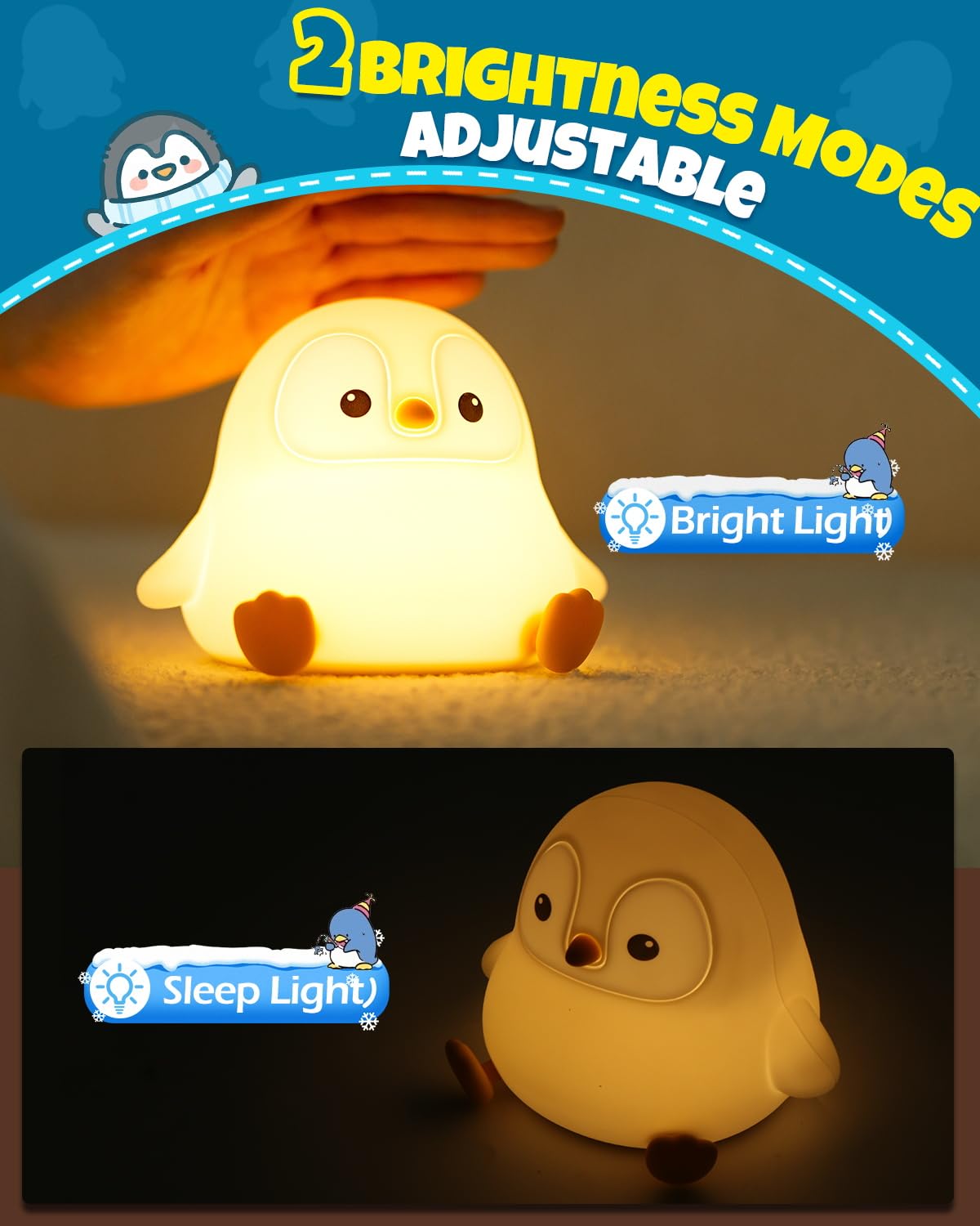 Niedliches Pinguin-Nachtlicht, Tierlampe, lebensmittelechtes Silikon, wiederaufladbar, 2 Stufen dimmbar, Squishy Kinderzimmer Nachtlicht für Schreibtischdekoration, lustige Geschenke für Jungen
