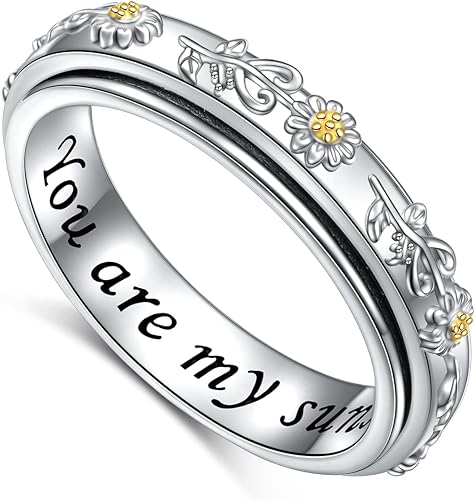 Anillo giratorio de plata de ley con diseño de margaritagirasol, anillos giratorios con flores de sol, anillo para aliviar el estrés y el TDAH para