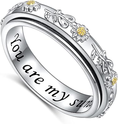 Anxiety Ring Daisy Sterling Silver Spinner Rings You Are My Sunshine Flower Fidget Ring ADHD Stress Relieving Ring for Women Size 6