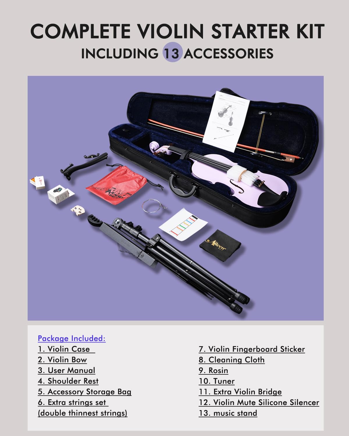 Aileen 4/4 Violon pour Adultes Débutants, Kit de Démarrage pour Enfants 12+, Ensemble Violet avec 13 Accessoires, Pupitre, Autocollant Touche