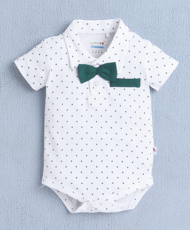 Image of BUMZEE Baby Boys Regular Fit Half Sleeves Collar Neck Cotton Bodysuit & Short Set With Bow Suspender & Cap