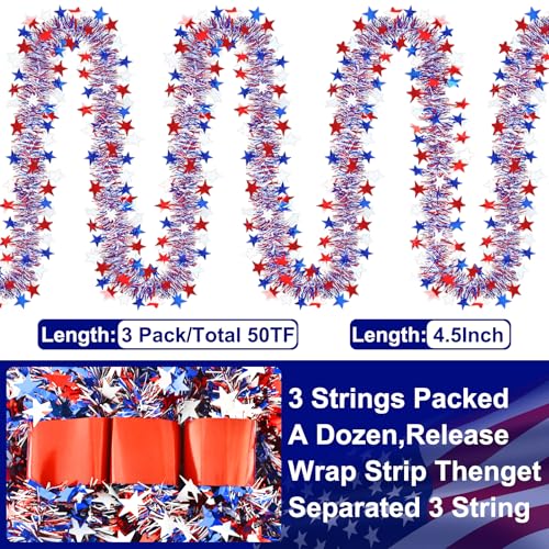 Image of 50FT 4th of July Patriotic Tinsel Garland Decorations, Red White and Blue Tinsel with Star Metallic Glitter Hanging Garland for Memorial Day 4th of July Independence Day Indoor Outdoor Decor
