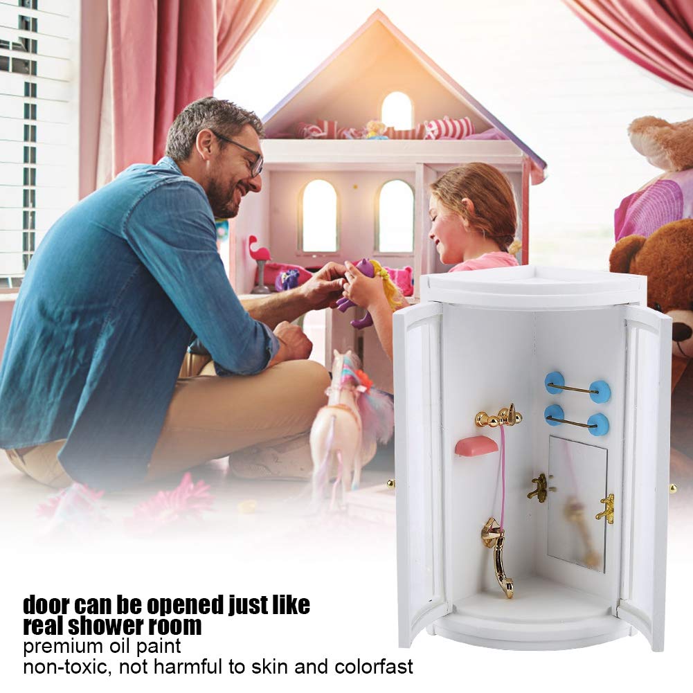 Bagno con Doccia per Casa delle Bambole 1:12, Bagno in Miniatura in Legno, Porta Apribile, Perfetto per Box/Cover delle Bambole e Set da Gioco per Bambini