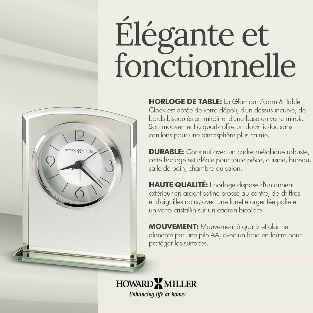 Howard Miller Glamour Horloge de Table 645771 – Horloge Moderne en Verre Dépoli avec Dessus Incurvé, Bords Biseautés en Miroir, Base en Verre Miroir, Alarme/Mouvement à Quartz