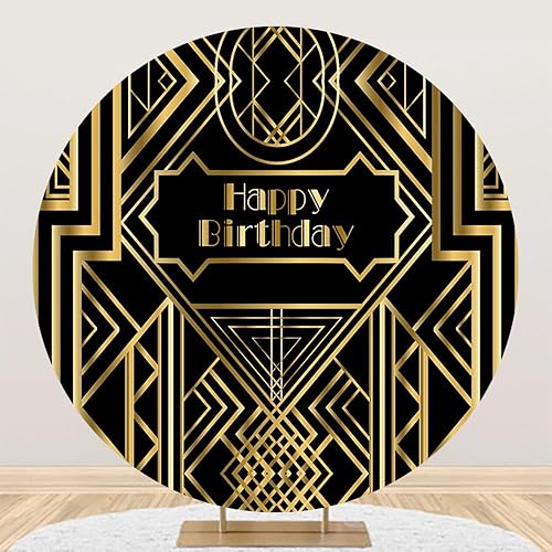 Renaiss Cubierta de fondo redonda de Gatsby de 7 x 7 pies, diseño de círculos temáticos de los años 20 y 20, fondo vintage negro dorado rugidos de
