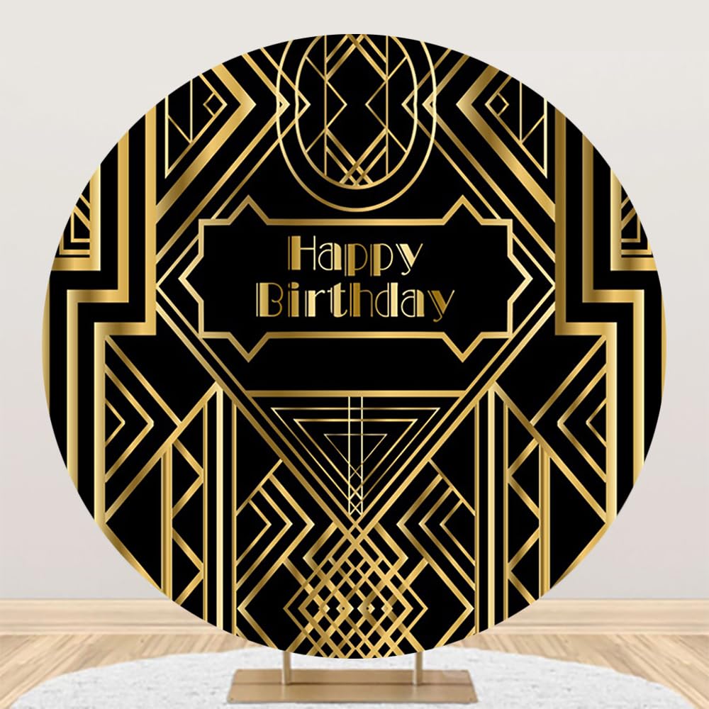 Renaiss 7x7ft Gatsby Happy Birthday Round Backdrop Cover Roaring 20's 20s Themed Circle Photography Background Vintage Black Gold Roars of 20's