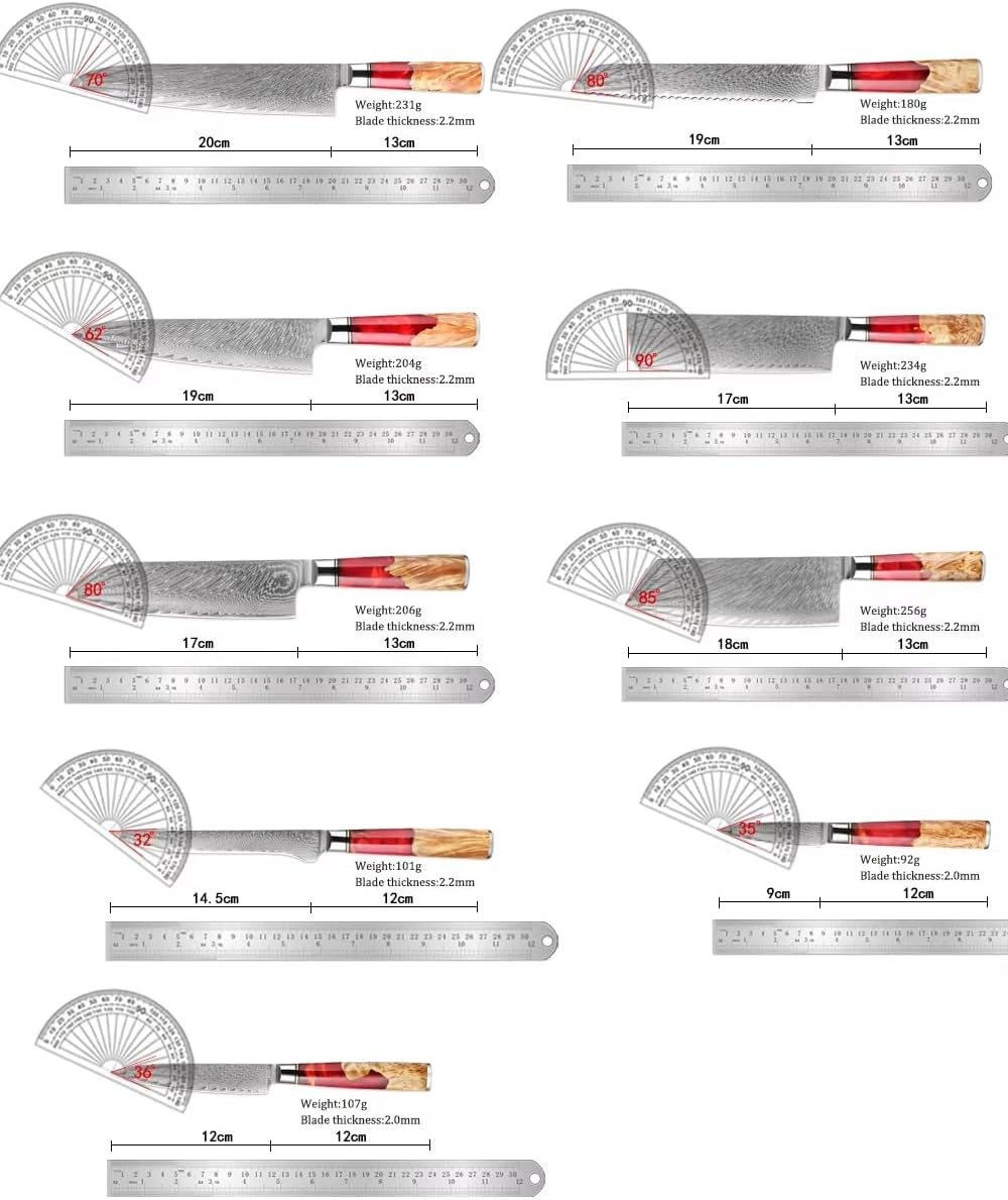 1-9Piece Damascus Steel Kitchen Knives Set Includes Chef Knife,Bread,Cleaver, Santoku,Nakiri Boning Knife(9PCS)