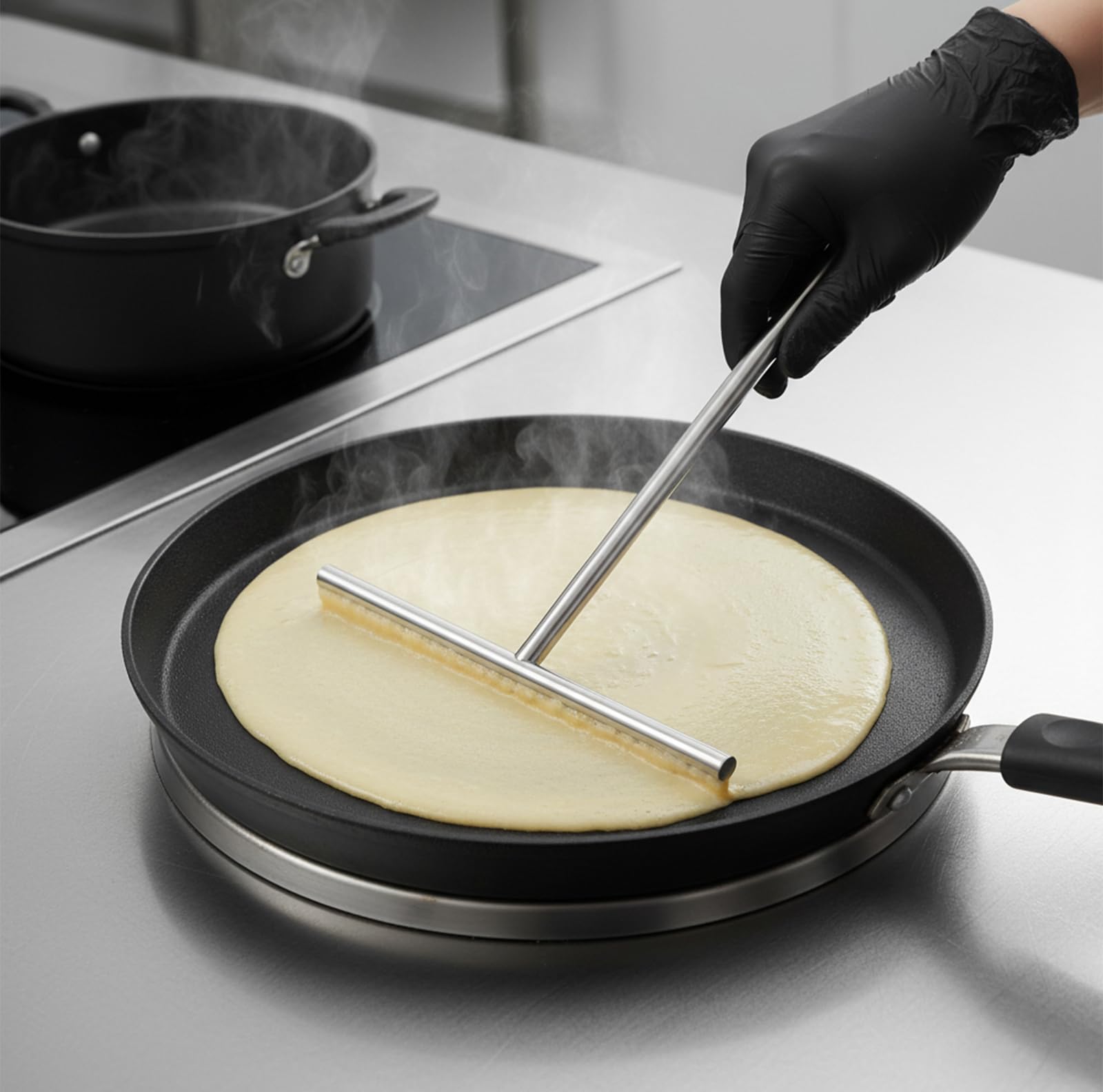Distribuidor de crepes, rastrillo redondo de acero inoxidable, 26 x 18,5 cm, distribuidor de masa, distribuir uniformemente la masa con mango largo para crepes y tortitas y tartas de huevo