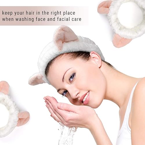Miniatura 3 de AHONEY Diadema de maquillaje para spa, diadema de lavado de cara para mujeres y niñas, lindas diademas de orejas de animales, 4 piezas de bandas de