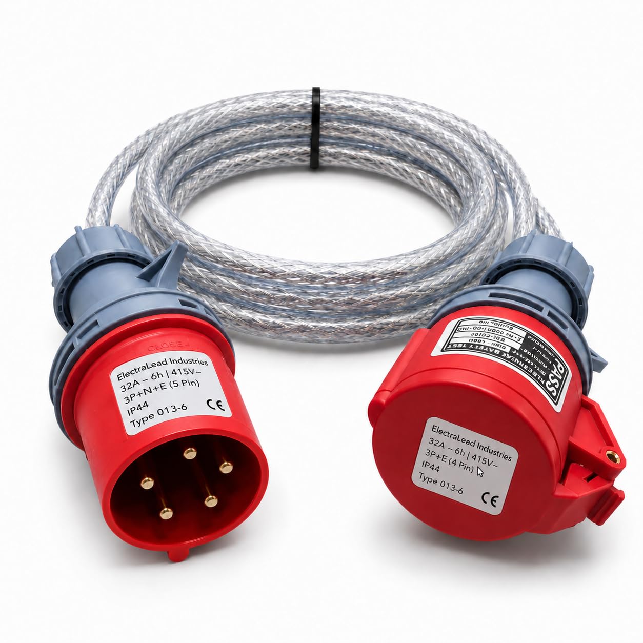 32A 5 Pin to 32A 4 Pin 415V 1M 3 Phase Industrial Adaptor Lead – 3P+N+E to 3P+E, SY Steel Wire Braided Cable, CE Marked IEC 60309 Connectors, IP44, (1 Metre)