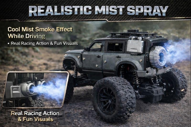 Image of 200+ Feet Range Rechargeable Metal Body Defender RC Rock Crawler Car with Double Mist Spray, LED Headlights, Type-C Port, Off-Road Remote Control Monster Truck Toy for Kids (Black)