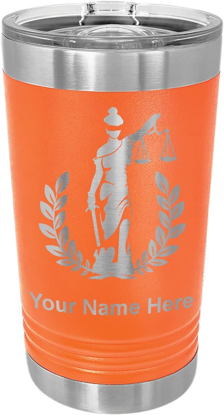 LaserGram 16oz Vacuum Insulated Pint Tumbler, Lady Justice, Personalized Engraving Included (Navy Blue)