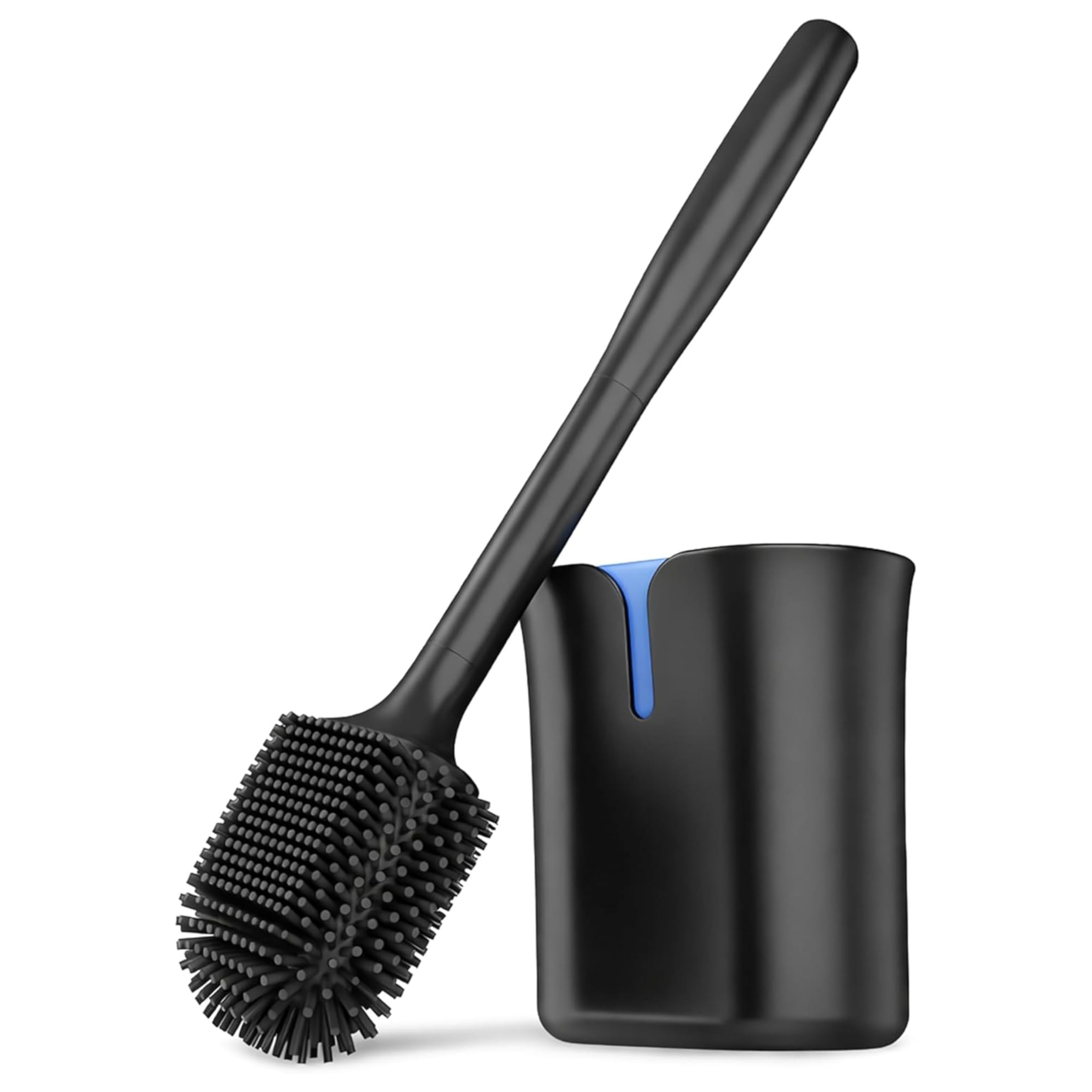 Premium Silicone Toilet Brush and Holder Set for Bathroom - Flexible TPR Bristles for Deep Cleaning - Non-Scratch 360° Wall Mounted or Freestanding Loo Brush with Quick Drying Base (Black & Blue)
