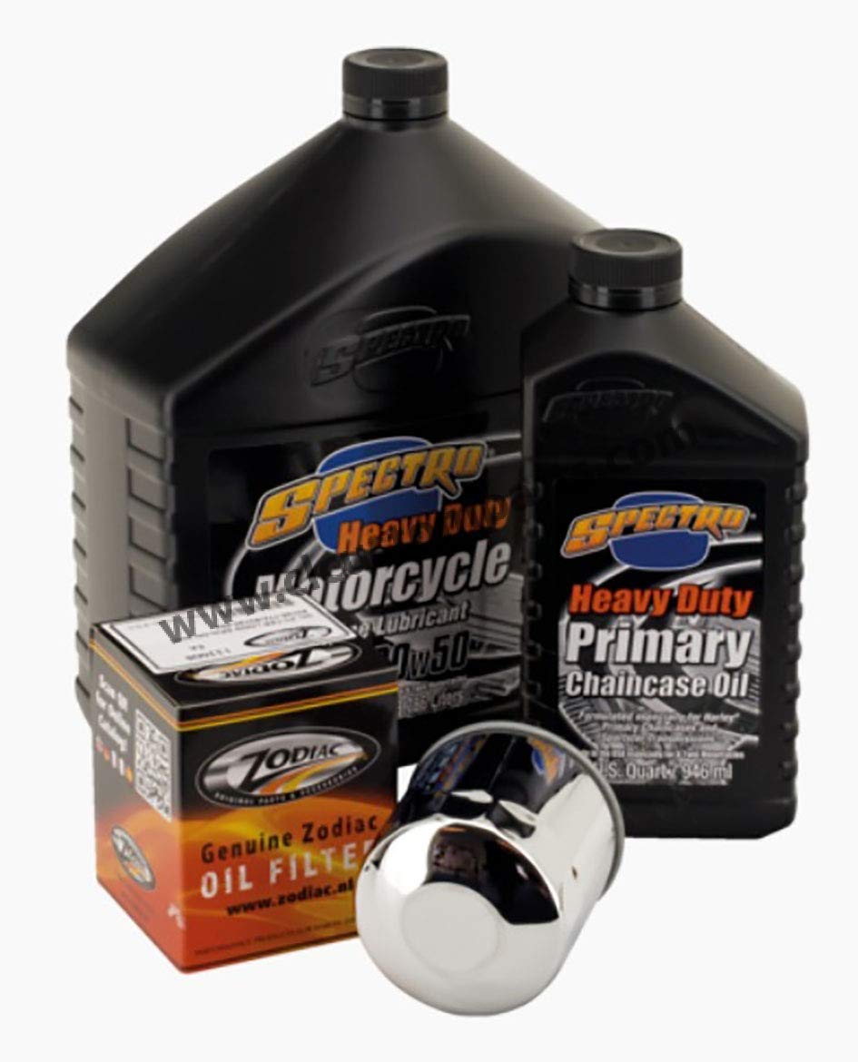 Kit de Revisión Spectro Aceite de Motor 20W-50 + Primaria + Cambio + Filtro de Aceite Cromado para Harley Sporster desde 1984 hasta hoy