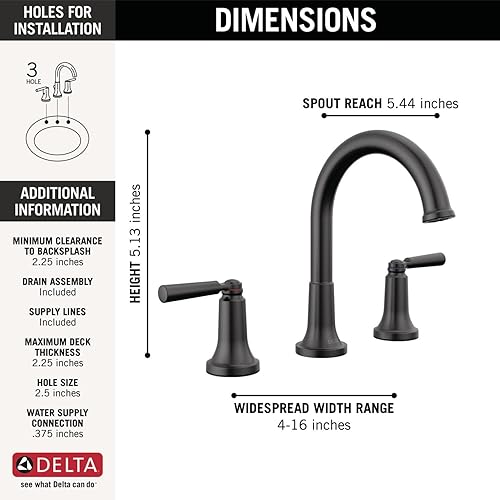 Miniatura 4 de Delta Faucet Saylor 3535-BLMPU-DST - Grifo de baño negro mate de 3 agujeros, grifo de lavabo de baño con tecnología de sello de diamante, ensamblaje