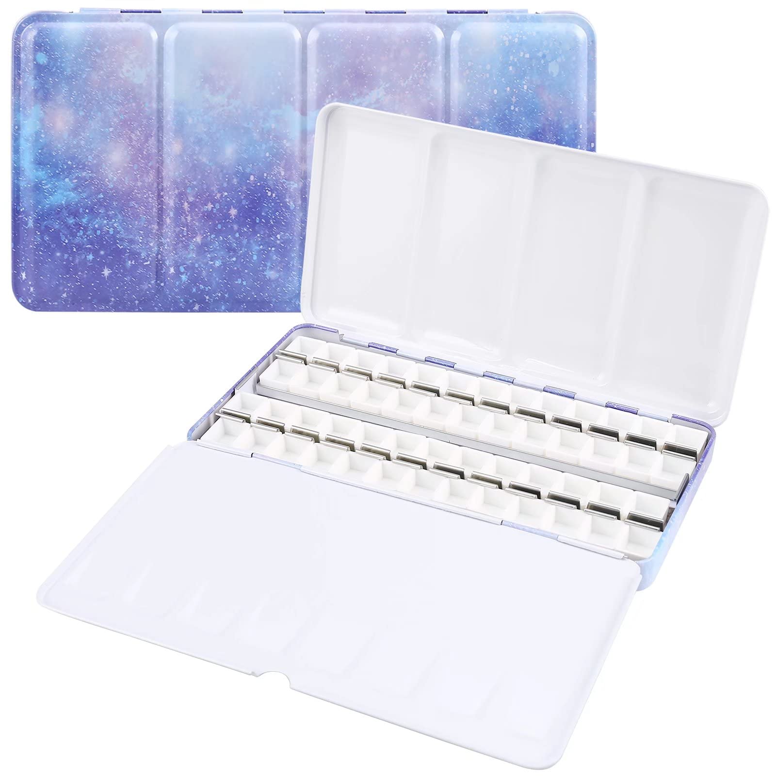 LOONENG Empty Watercolor Palette, Empty Watercolor Tin with Fold Out Palette, Large Purple Watercolor Tray Palette with 52 Empty Half Pans for Plein Air Painting and Sketching