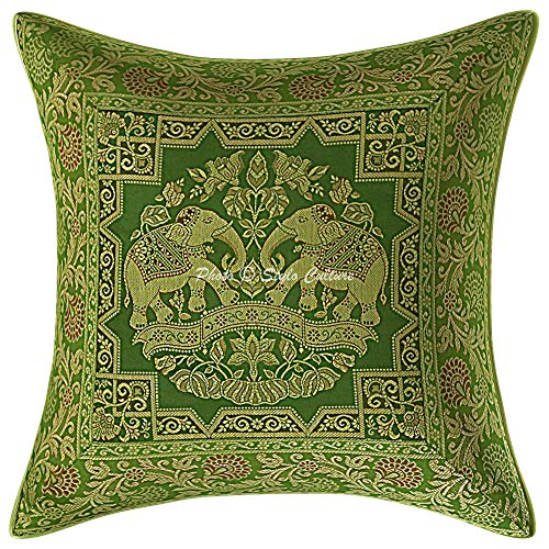 Image of Decorative Brocade Cushion Covers 16x16 Inch Banarasi Jacquard Weave Olive Green & Gold Living Room Elephant Traditional Square 40x40 cm Zippered Sofa Settee Pillowcases -Set of 5 Pcs