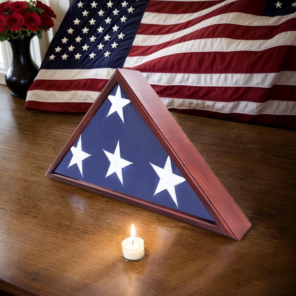Burial Flag Display Case Fits 5'x9.5' Flag, Thin Bottom Edge Military Flag Box with Glass Front for American Veteran Flag, Wooden Memorial Folded Flag Case Shadow Box (Cherry)