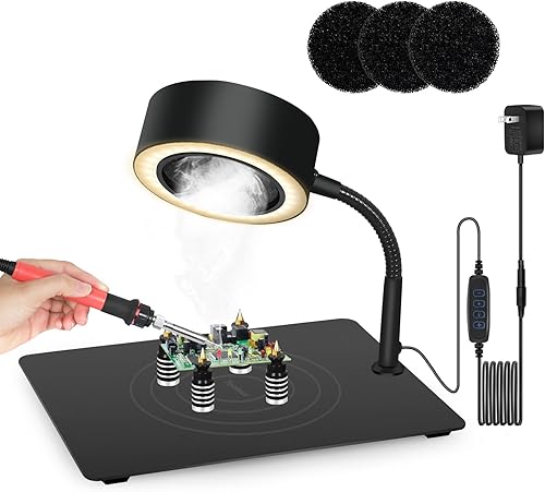 Toolour Extractor de humo de soldadura 3 en 1 con lámpara LED brillante, 4 soportes de PCB, base resistente y 3 filtros de carbono para soldadura y